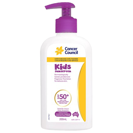 Cancer Council SPF50 Plus Kids Sunscreen Pump 200mL pump dispenser for school and childcare sun protection
