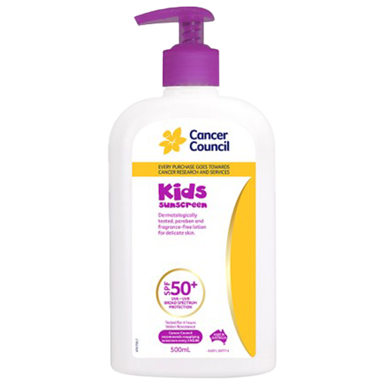 Cancer Council SPF50 Plus Kids Sunscreen Pump 500mL large-format pump dispenser for group sun protection programs