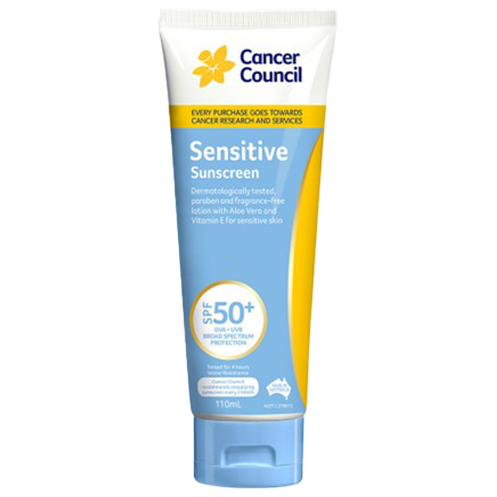 Cancer Council SPF50+ Sensitive Sunscreen Tube 110mL broad spectrum UVA UVB protection for sensitive skin