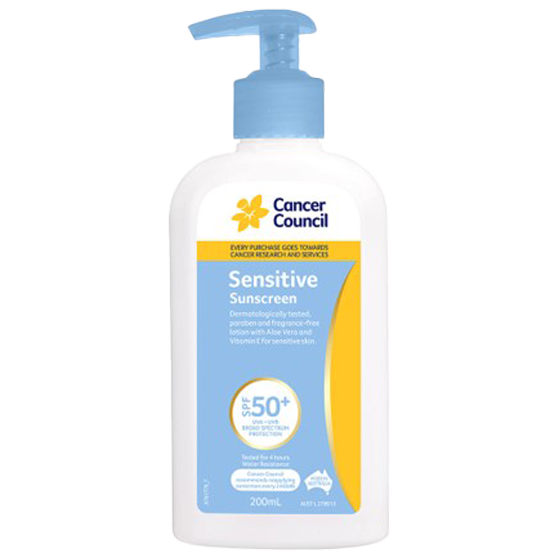 Cancer Council SPF50+ Sensitive Sunscreen Pump 200mL broad spectrum UVA UVB protection for sensitive skin
