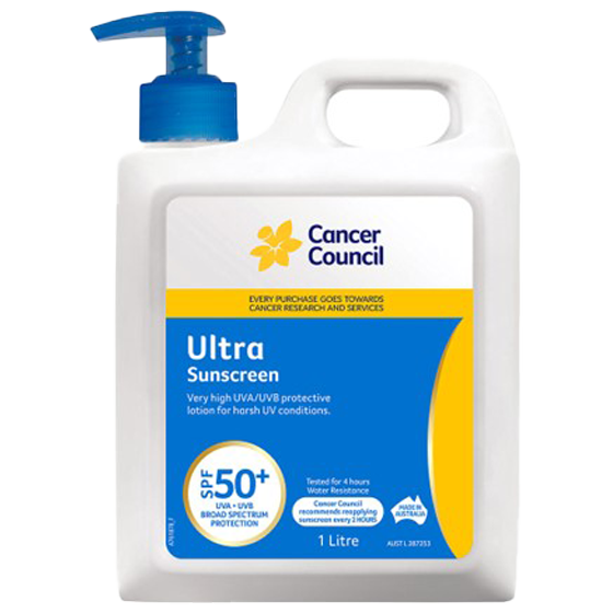 Cancer Council SPF50+ Ultra Sunscreen Pump 1L TGA-listed sunscreen for outdoor workers