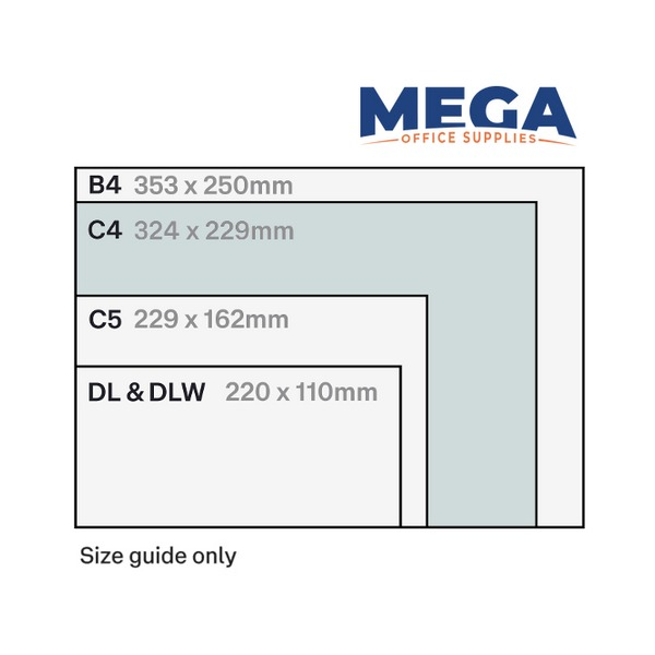 Stack of Candida 100gsm white C4 envelopes showing plain face pocket style