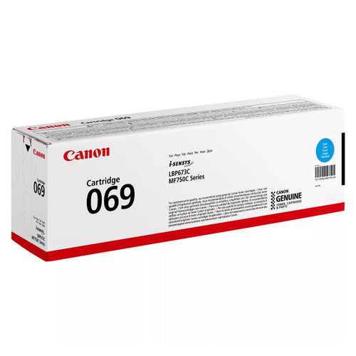 Genuine Canon 069 cyan toner cartridge side view showing model details