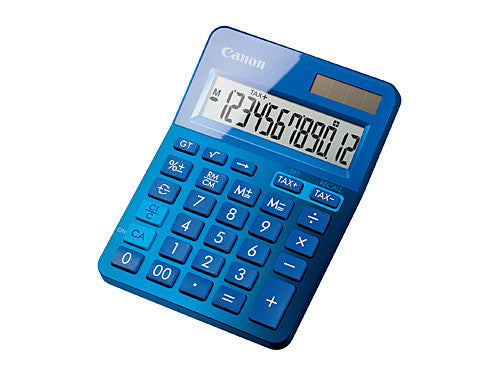 Canon LS-123K 12-digit dual power desktop calculator in metallic blue with angled display