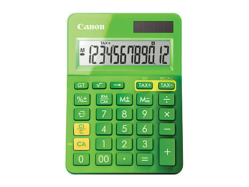 Canon LS-123K compact desktop calculator in metallic green with 12-digit LCD display