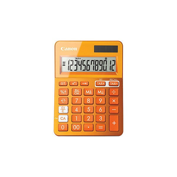 Canon LS-123K 12-digit dual power mini desktop calculator in metallic orange finish