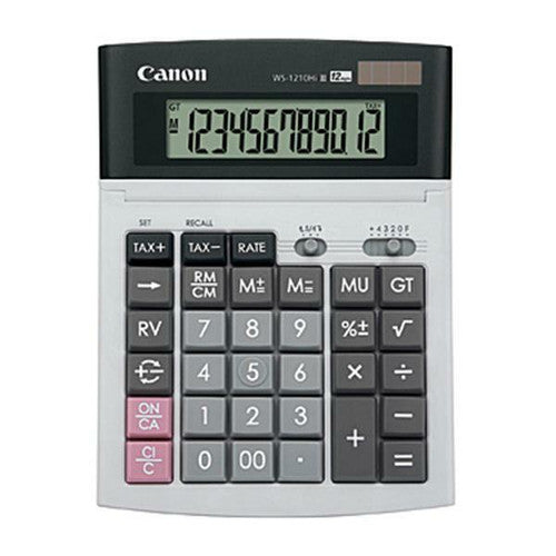 Canon WS-1210H III 12-digit desktop calculator with adjustable tilt LCD display on a white background