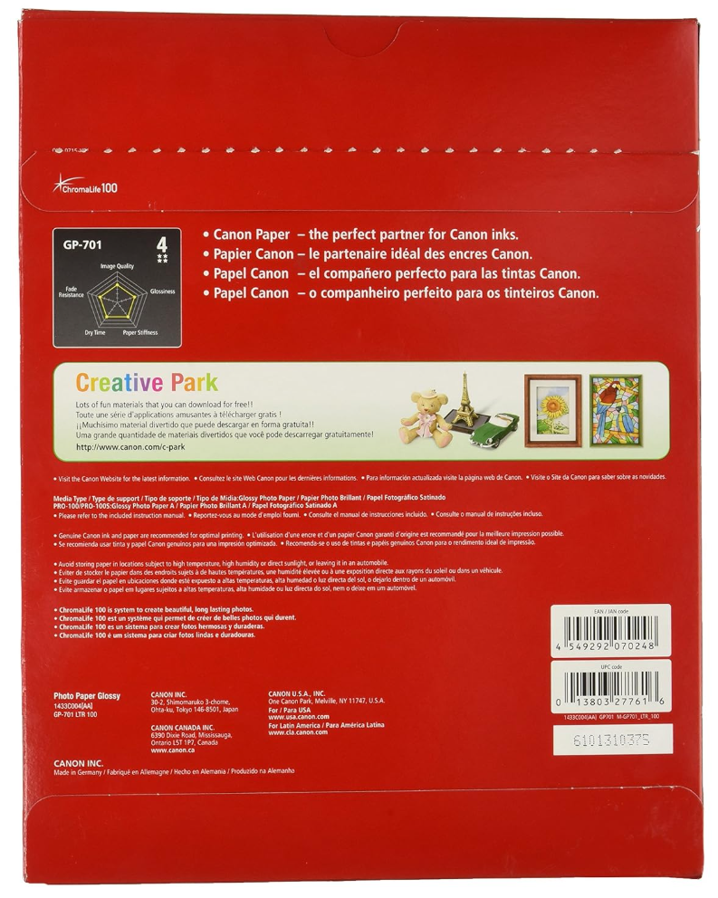 The back of a red Canon Paper GP-701 box, featuring product details, specifications, a barcode, and a Creative Park section with small illustrations.