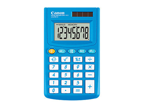 Canon LS-270VIIB blue handheld calculator with 8-digit tilt display and champagne-finish recycled plastic casing