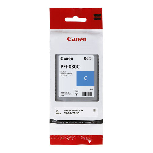 Front view of Canon PFI-030C cyan ink cartridge with LUCIA TD pigment technology