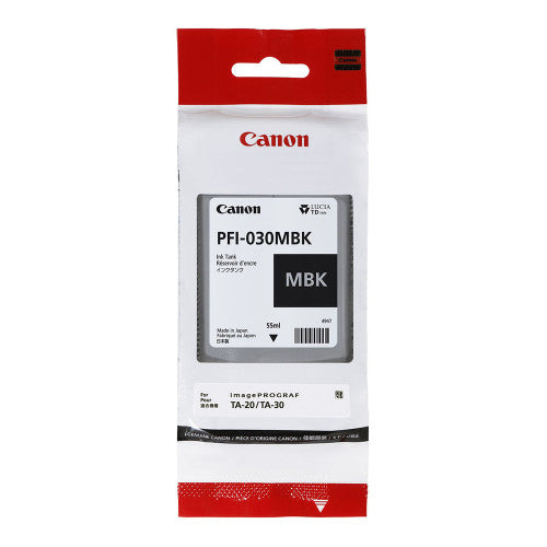 Close view of Canon PFI-030MBK Matte Black ink cartridge label showing model and colour identification