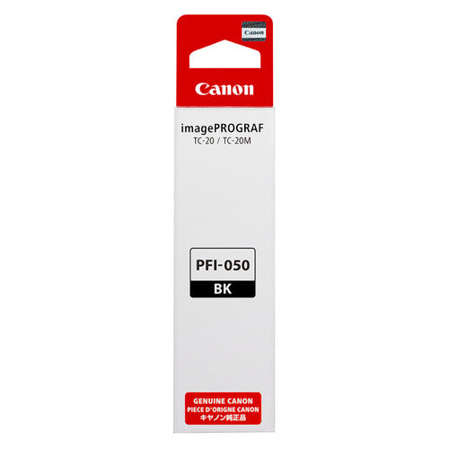 Canon PFI-050 black ink bottle showing spill-prevention refill mechanism