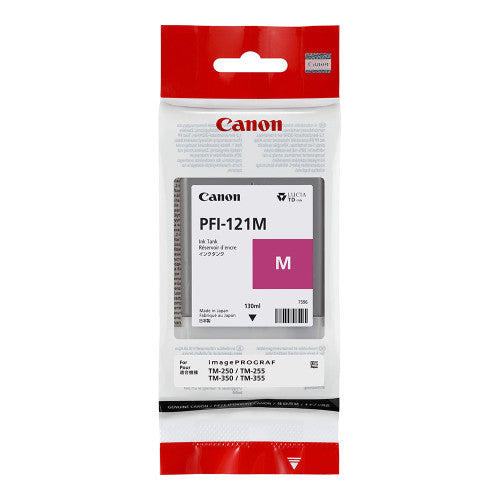 Front view of Canon PFI-121M magenta ink cartridge showing capacity and colour labelling