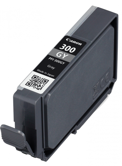 Canon PFI-300GY grey ink cartridge shown from the front against a white background