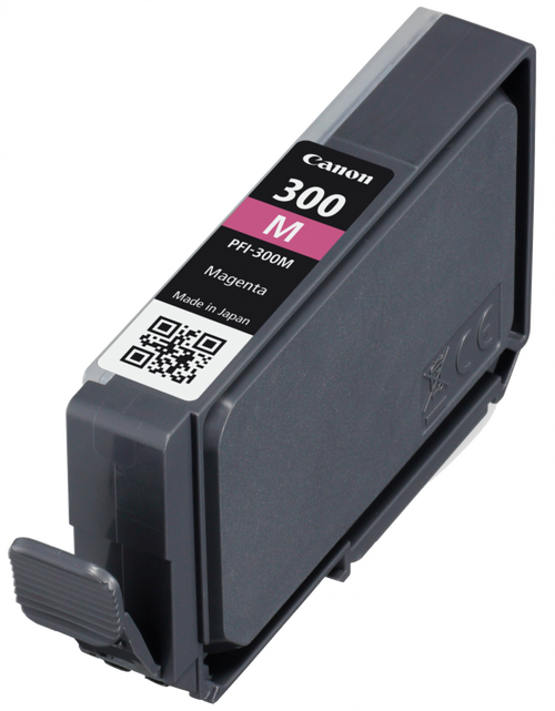 Close-up of Canon PFI-300M LUCIA PRO magenta ink cartridge showing model labelling