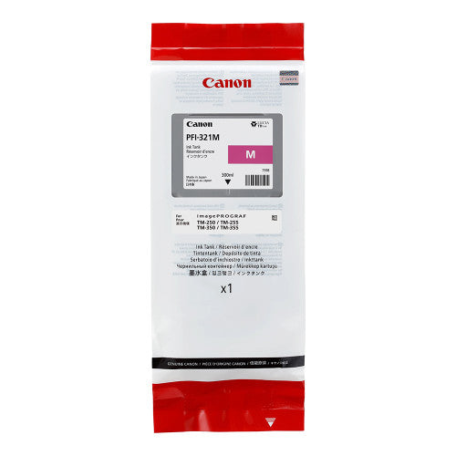 Front view of Canon PFI-321M magenta 300ml ink cartridge showing colour label and volume markings