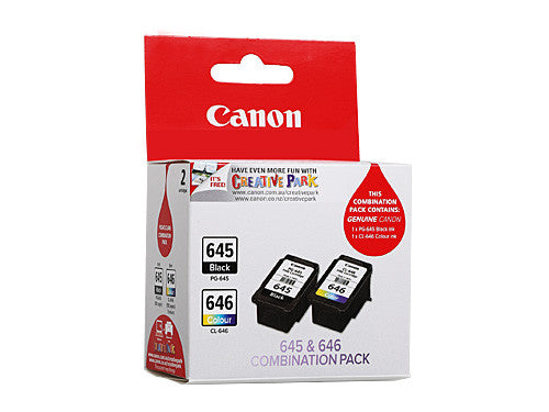 Canon PG-645 and CL-646 genuine ink cartridge twin pack showing black and colour cartridges side by side