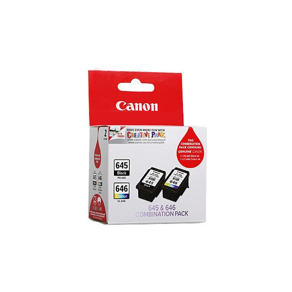 Canon PG-645 and CL-646 genuine ink cartridge twin pack showing black and colour cartridges side by side