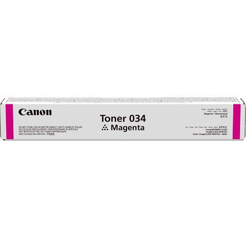 Canon CART034M magenta toner cartridge front view showing colour label and yield information