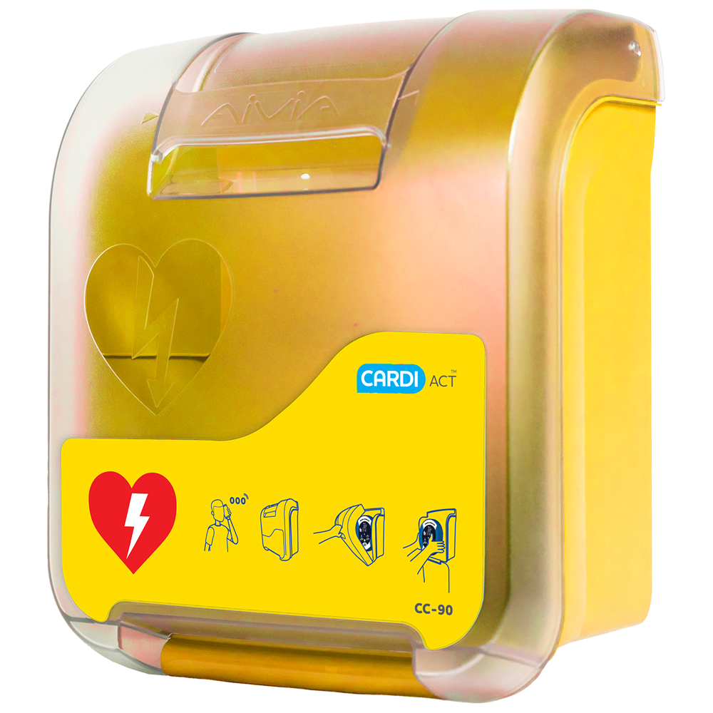 CardiAct Alarmed AED Cabinet Yellow showing secure yellow wall-mounted AED housing with audible alarm for public access defibrillation and workplace AED installation