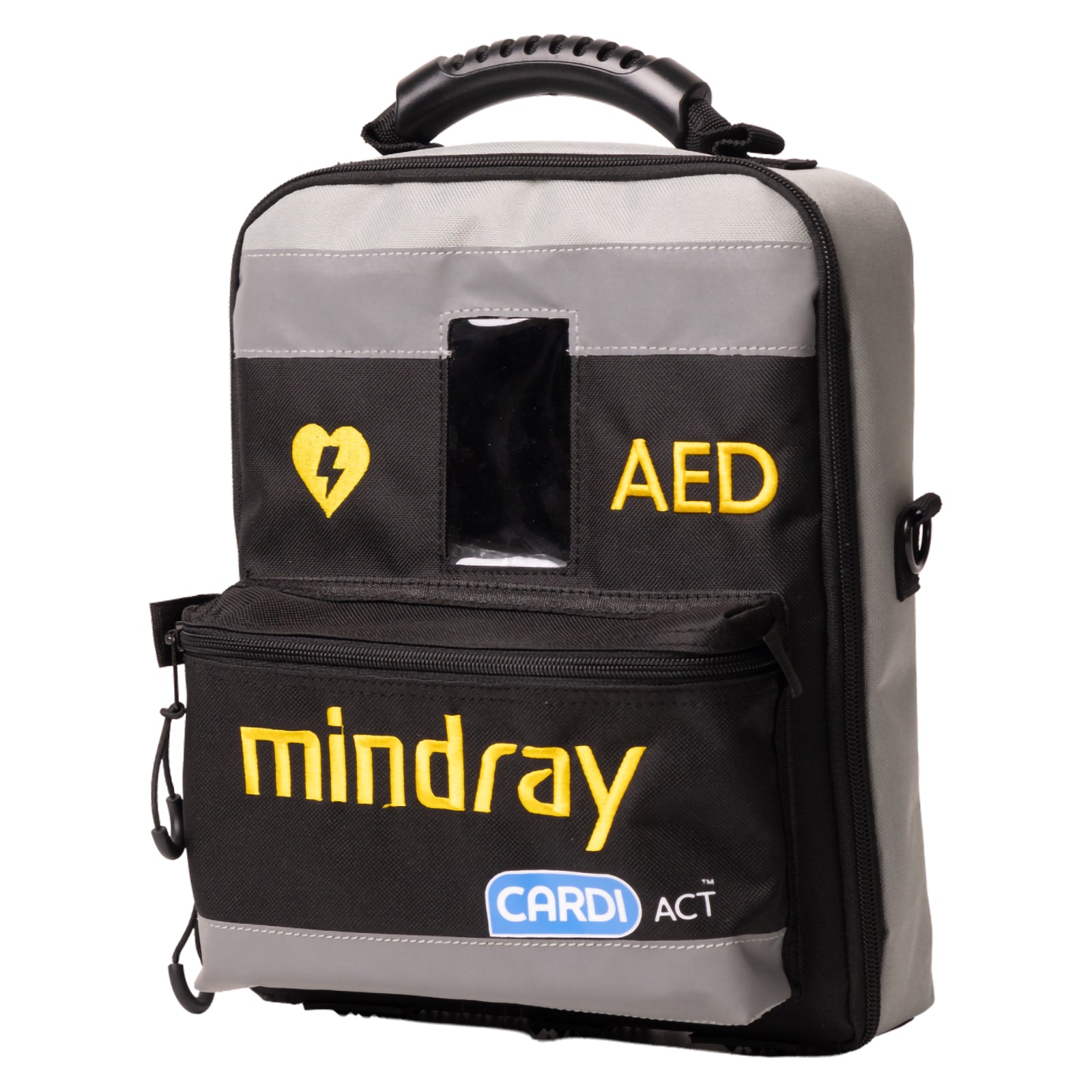 Angled front view of the CardiAct Mindray Soft Carry Case on a clean white background, showing its structured profile, reinforced carry handle, zip around closure and side attachment point. High visibility yellow AED and Mindray markings make the emergency equipment case easy to identify when rapid access is required.