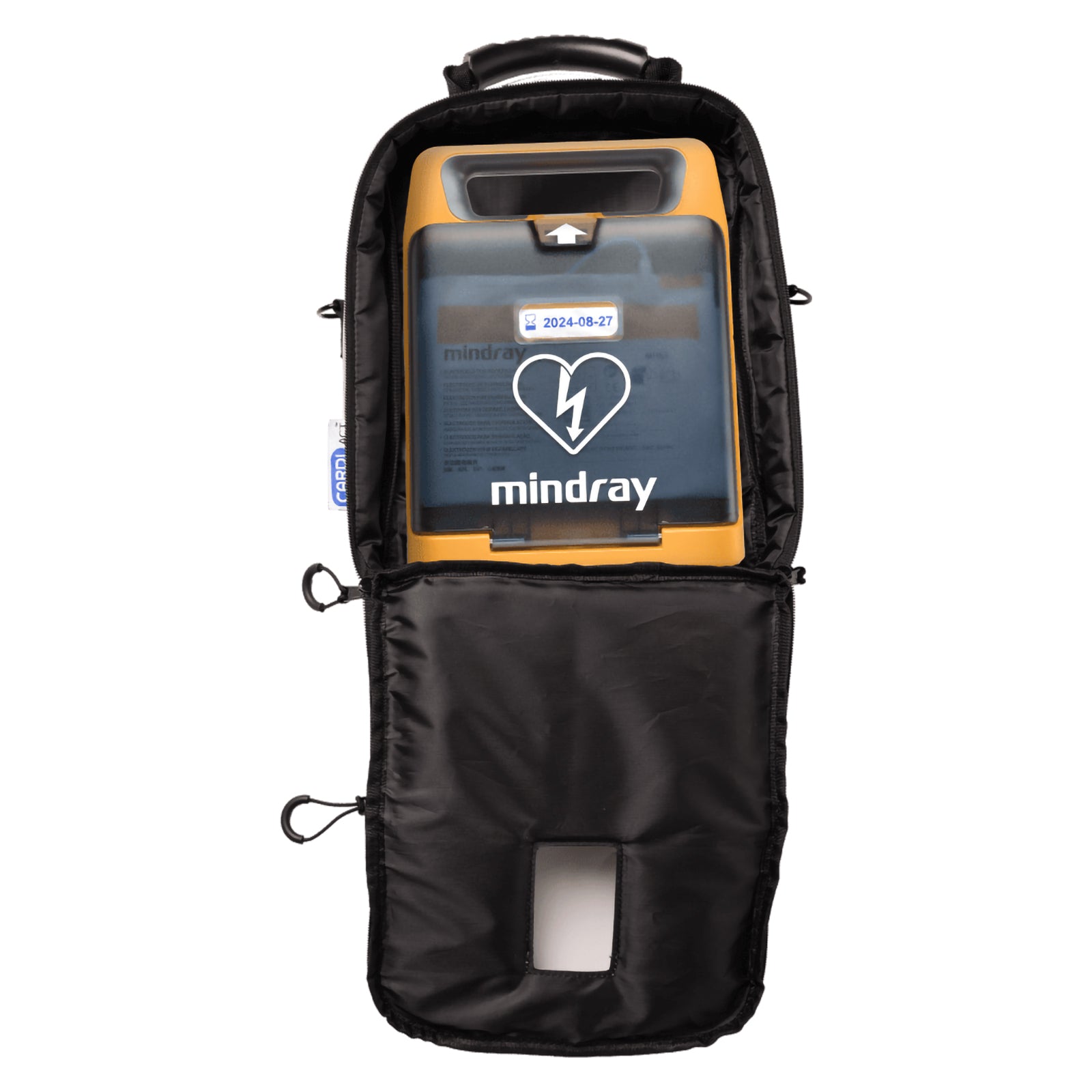 Open CardiAct Mindray Soft Carry Case shown on a white background with a compatible Mindray AED secured inside. The front opening provides a clear view of the fitted internal storage area and demonstrates how the soft carry case helps keep the defibrillator protected and organised between uses.