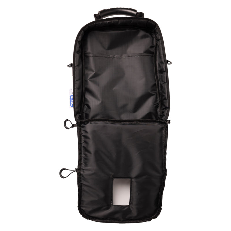 Open CardiAct Mindray Soft Carry Case displayed empty on a white background, showing the black internal lining, spacious main AED compartment and folding front section. The image highlights the dedicated interior design used to organise and protect a compatible Mindray defibrillator during storage and transport.