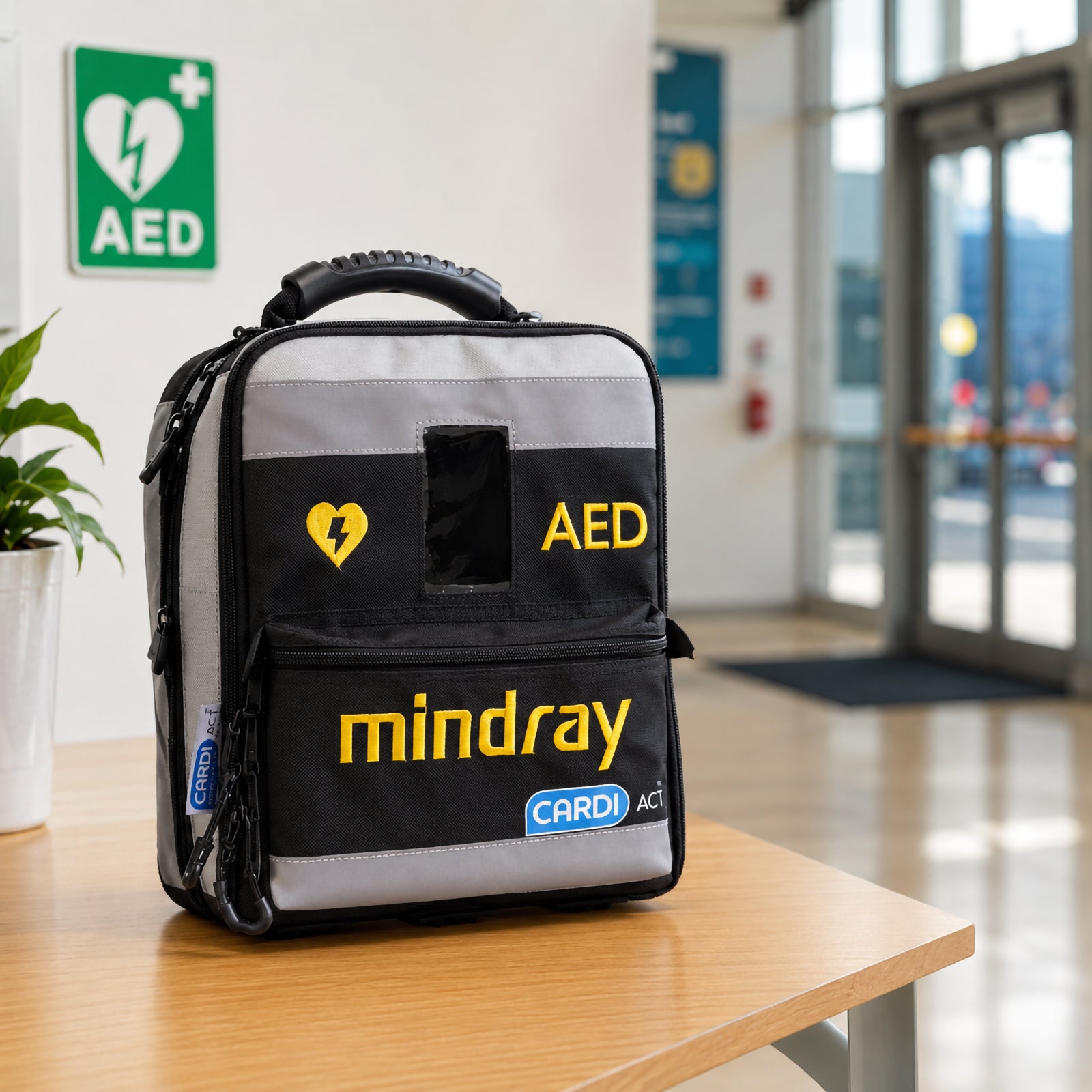 CardiAct Mindray Soft Carry Case positioned upright on a table in a public access environment with an AED location sign visible behind it. The front view highlights the reinforced handle, clear AED identification, Mindray branding, CardiAct logo and accessible front zip storage compartment.