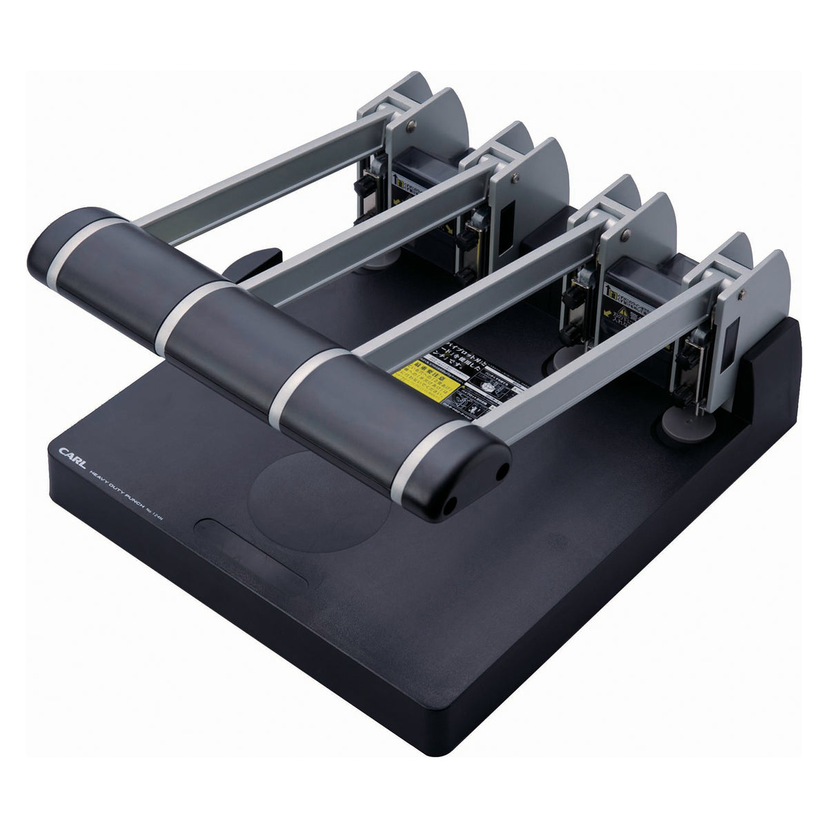 Carl No.124N heavy duty 4 hole punch on a long black base, four grey punch heads joined by a black handle bar with silver bands