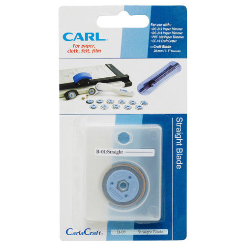 Carl B-01 straight blade on its blister card, blue panel listing DC-212, DC-218, PRT-100 and CC-10 and a 28mm craft blade
