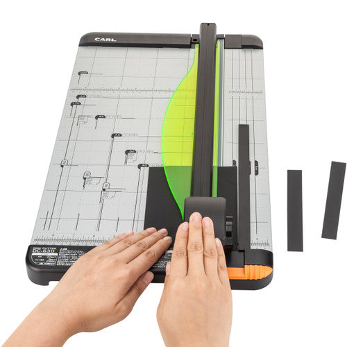 Close-up of Carl DC630 luminous paper presser and cutting guide