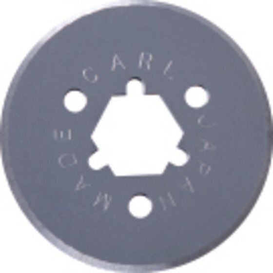 Close-up of one Carl K-28 round steel blade with CARL stamped around the face and a shaped centre opening