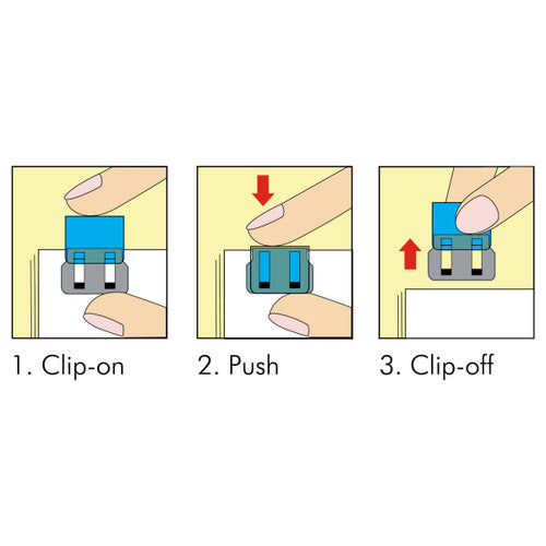 Carl three step diagram: clip on, push down to close, then clip off a page
