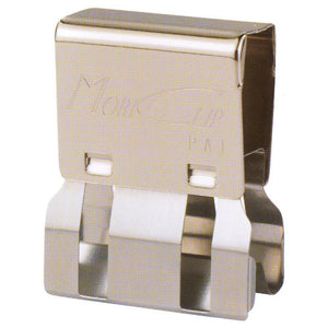 Medium Carl Mori clip in silver steel, front view showing the embossed MORI CLIP lettering and two square slots