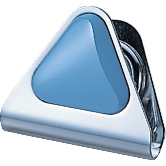 Large view of the blue Carl MC56 clip from the front, showing the curved steel jaw under the triangular blue cap