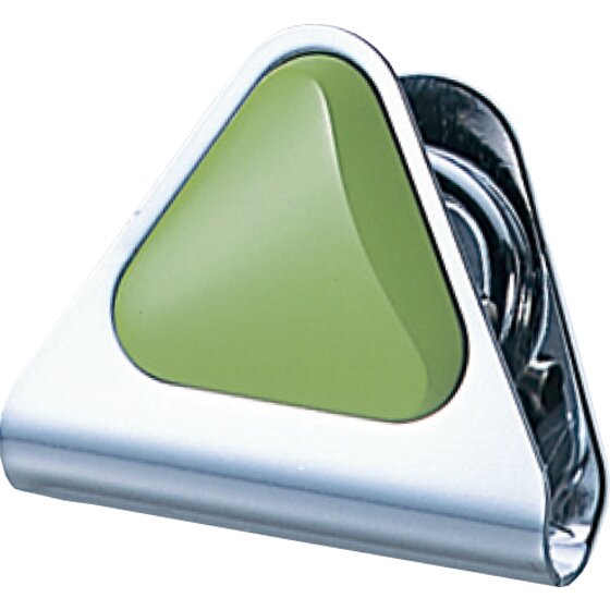 Large front view of a green Carl MC57 clip, the curved steel jaw and magnet base under the triangular cap