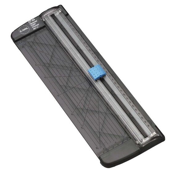 Carl RBT12 A4 personal paper trimmer in smoky grey with a clear ruler arm, silver rail and small blue blade slider