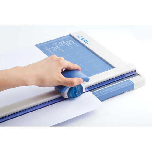 Carl RT200 trimmer paper size markings and alignment guide close-up