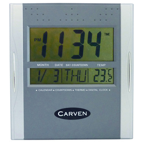 Carven 210mm silver square digital clock showing time, date and temperature display