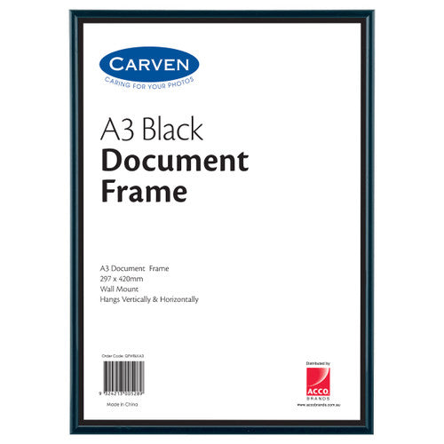 Carven A3 document frame in black with glass overlay and MDF backing, shown front-facing