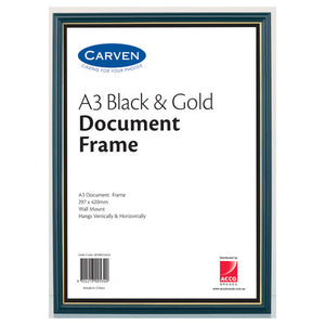 Carven A3 black and gold document frame front on, dark moulding with a gold inner line around the insert card reading A3 Black and Gold Document Frame