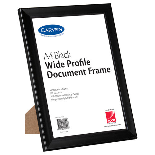 Carven A4 black wide profile document frame on its easel, broad black border around the insert card reading Wide Profile Document Frame