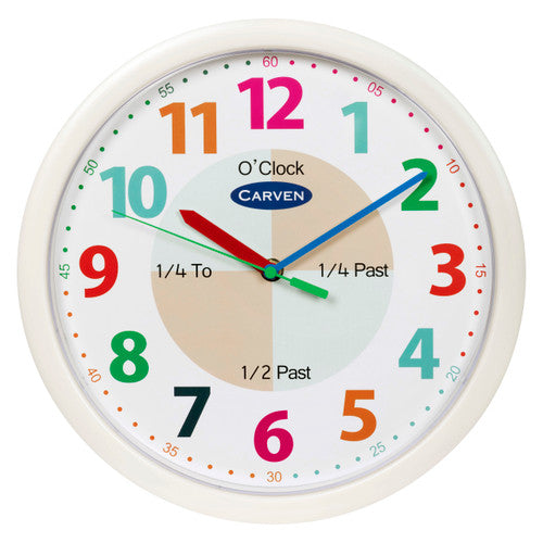 Carven Educational Wall Clock 300mm showing time-reference labels and 12-hour dial with glass lens