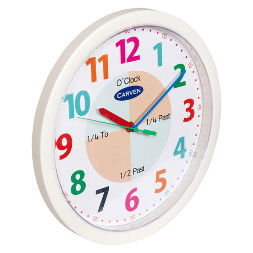Front view of Carven 300mm wall clock with o'clock and quarter-past reference markers visible on white dial