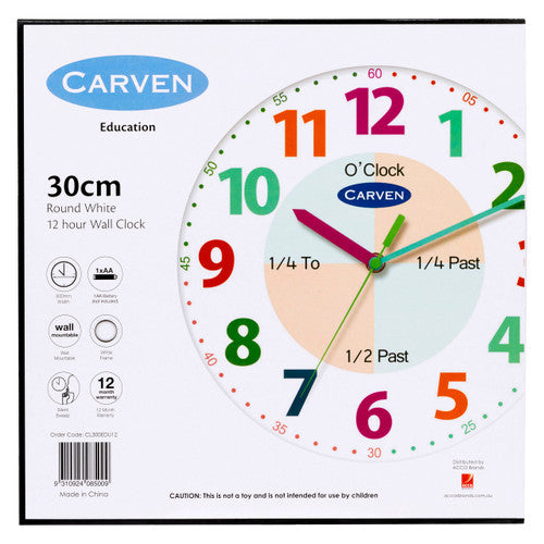 Close-up of Carven Educational Clock dial showing minute increment markings and sweep hands