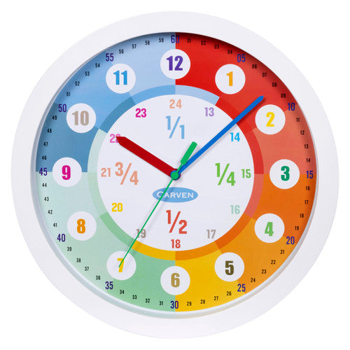 Carven 300mm educational wall clock showing 24-hour and 12-hour dial with time-reference markers