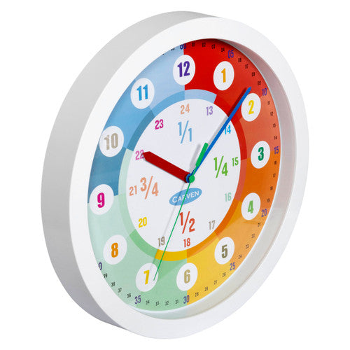 Close-up of Carven educational clock face with quarter past, half past and minute increment markings
