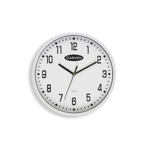 Carven 225mm white wall clock from ACCO, white rim and face with black numerals, dot markers and the Carven logo, front on