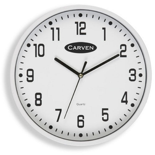Carven 225mm white analogue wall clock with glass face and clear numbers