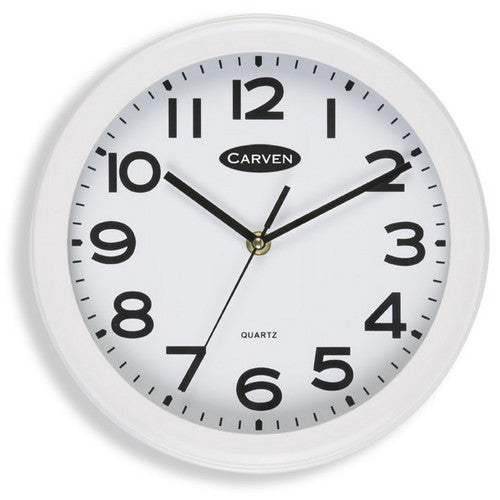 Carven 250mm white round analogue wall clock with glass face and clear number markings